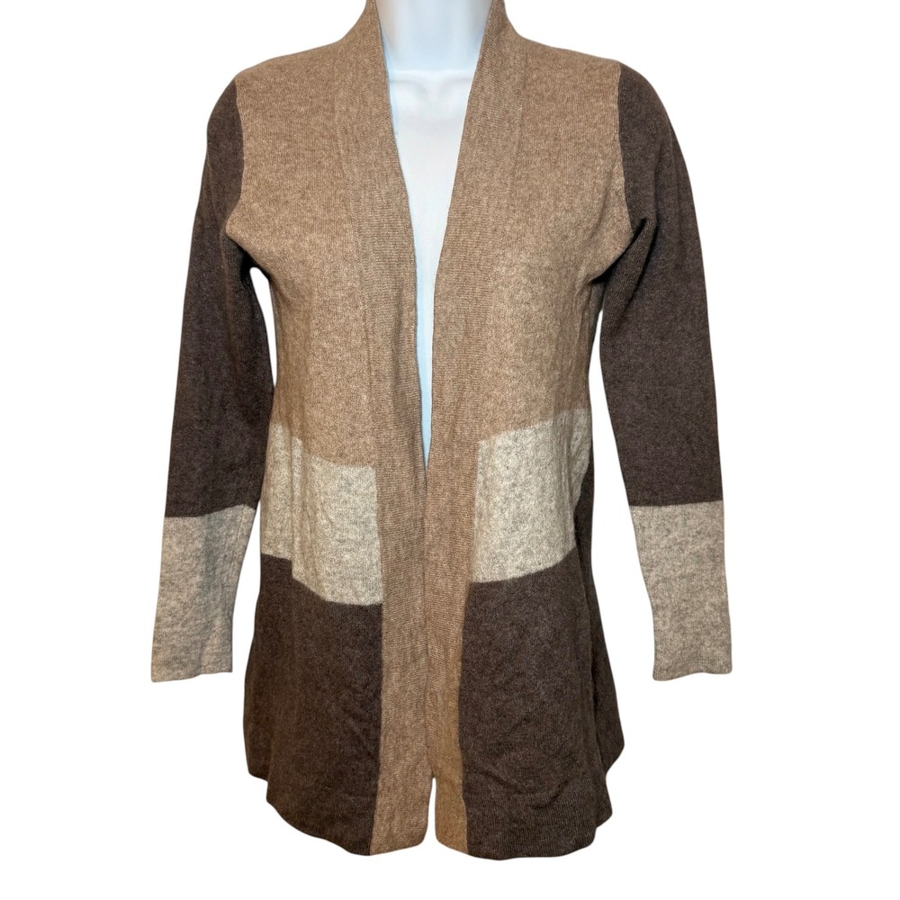 Charter Club Luxury 100% Cashmere Colorblock Open Front Cardigan Brown Tan XS